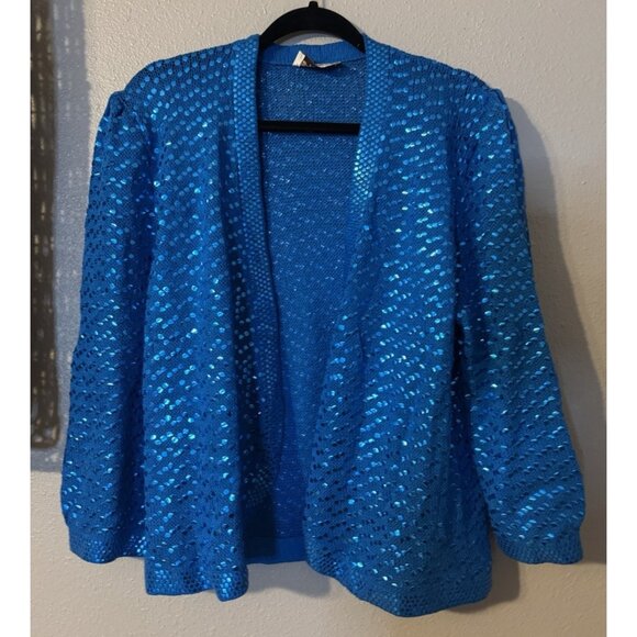 ST JOHN VINTAGE Sequin Jacket L 80's Blue Wedding Formal Party Cruise Holiday - Picture 2 of 15